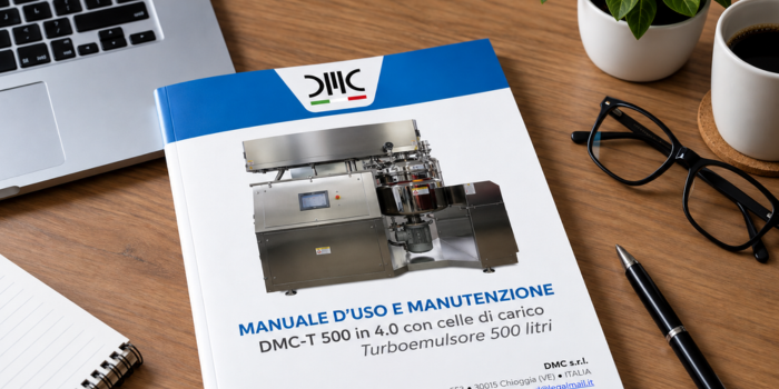 Manuale d’uso e manutenzione DMC per turboemulsore industriale su una scrivania